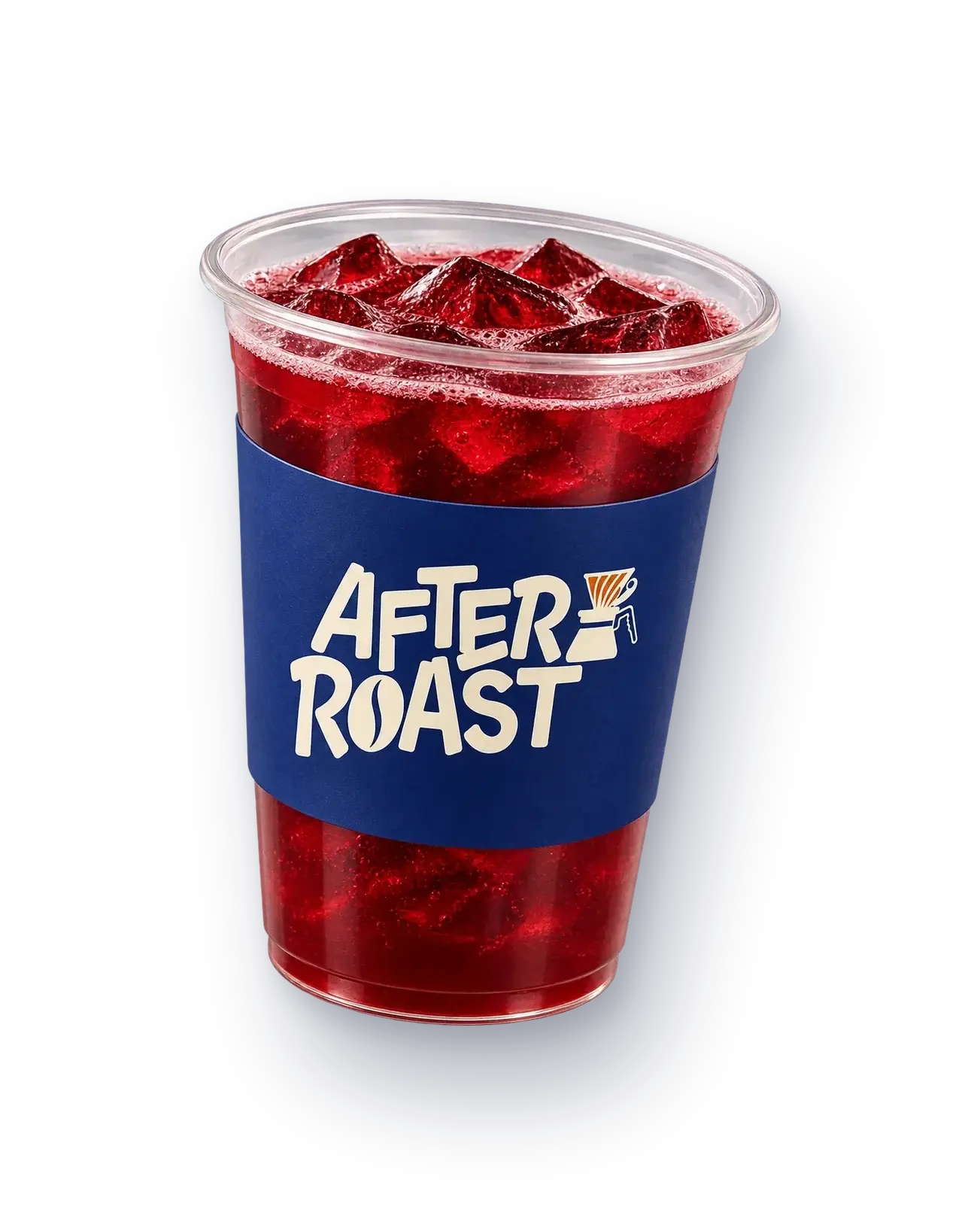 An After Roast cup of a red iced drink with the blue sleeve