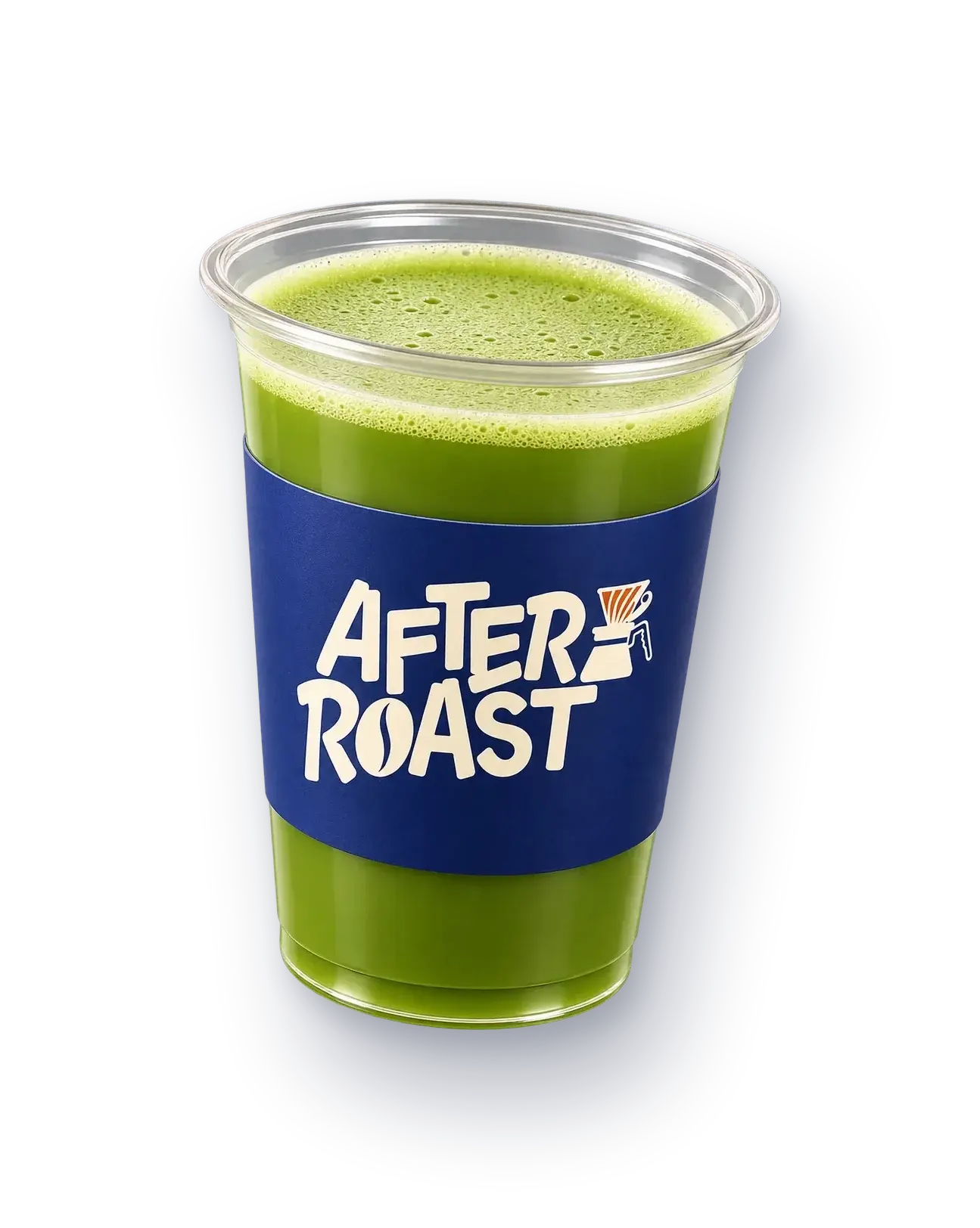 An After Roast cup with a green drink and the blue sleeve